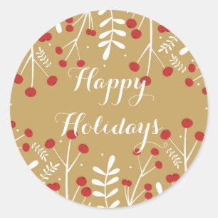 White Leaves & Berries Gold Holiday Favour Classic Round Sticker
