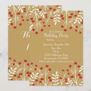White Leaves & Berries Gold Holiday Invitations