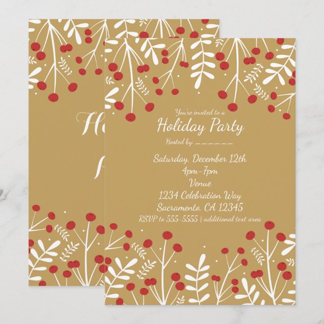 White Leaves & Berries Gold Holiday Invitations (Front/Back)