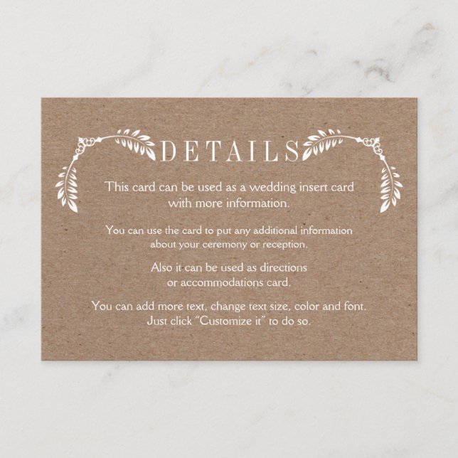 White leaves cardboard wedding details insert card (Front)