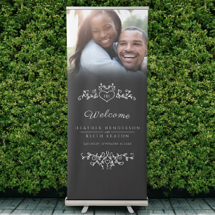 White leaves on black wedding photo heart retractable banner