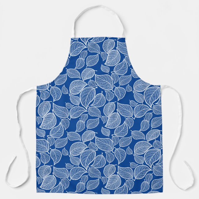 White Leaves on Blue All-Over Print Apron (Front)