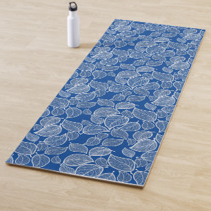 White Leaves on Blue Yoga Mat