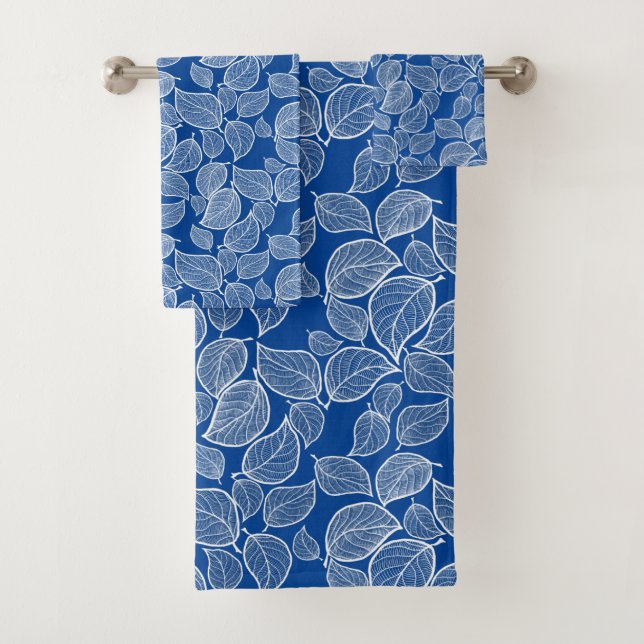 White Leaves on BlueTowel Bath Towel Set (Insitu)