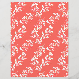 White Leaves on Coral Scrapbook Paper Sheet