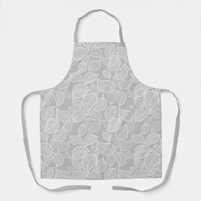 White Leaves on Silver Grey All-Over Print Apron (Front)