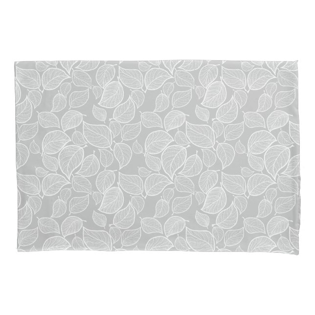 White Leaves on Silver Grey Pillowcase (Front-Left)