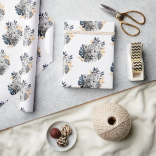 White Leopard Blue Tropical Leaves Wrapping Paper