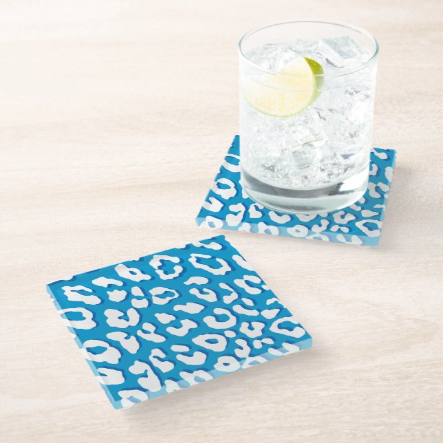 White Leopard Print Blue Glass Coaster (Angled)