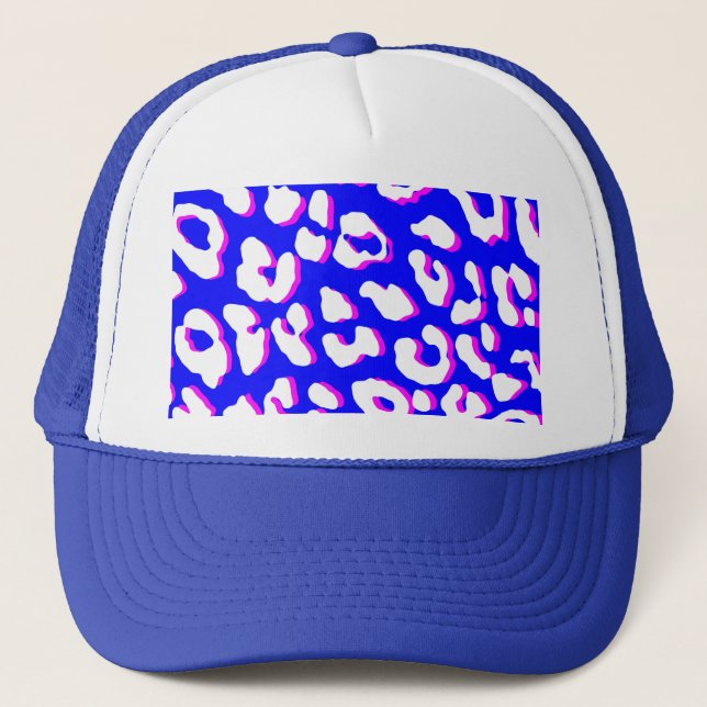 White Leopard Print Blue Pink Trucker Hat (Front)