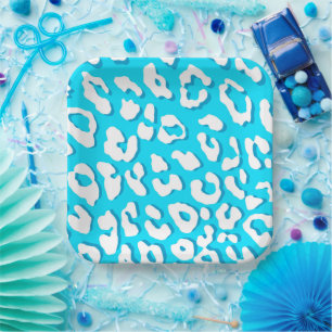 White Leopard Print Light Blue Paper Plate