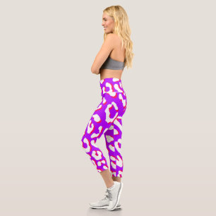 White Leopard Print Purple Pink Capri Leggings