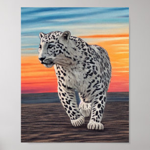White Leopard Walking on the Beach During a Sunset Poster