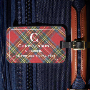 White Lettering on Red Stewart Tartan Plaid Print Luggage Tag