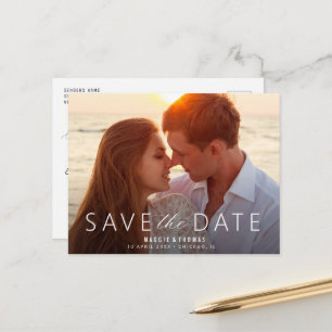 white lettering save the date wedding postcard
