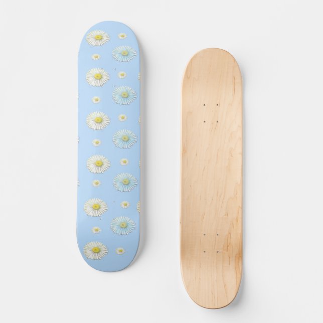 White & light blue Daisy Pattern   Skateboard (Front)