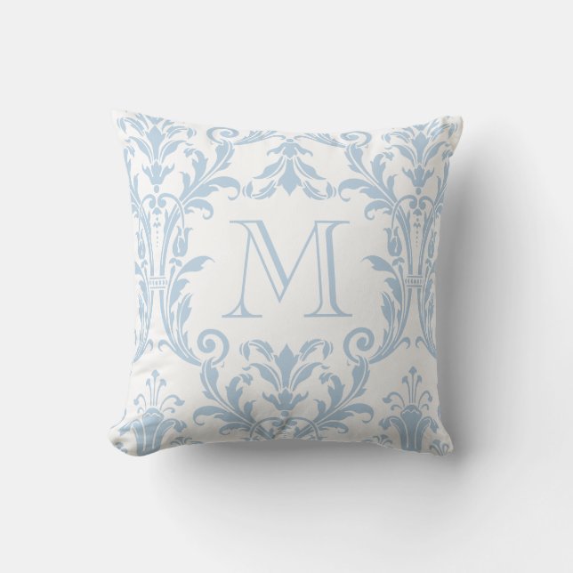 White & Light Blue Damask Floral Swirls Monogram Cushion (Front)
