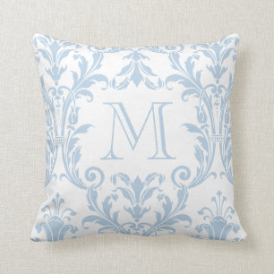 White & Light Blue Damask Floral Swirls Monogram Cushion