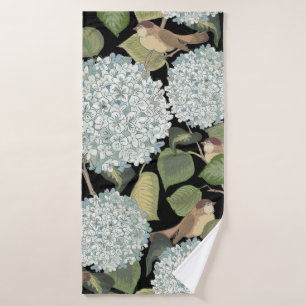 White, light blue Hortensia with green leaves and  Bath Towel