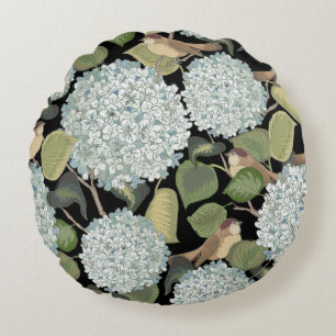 White, light blue Hortensia with green leaves and Round Cushion
