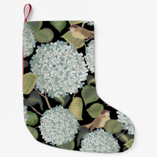 White, light blue Hortensia with green leaves and  Small Christmas Stocking