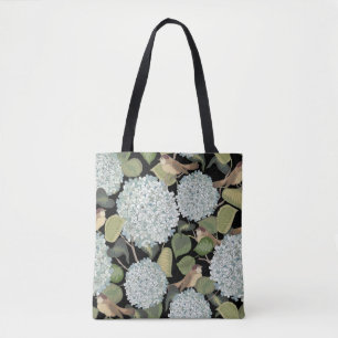 White, light blue Hortensia with green leaves and Tote Bag