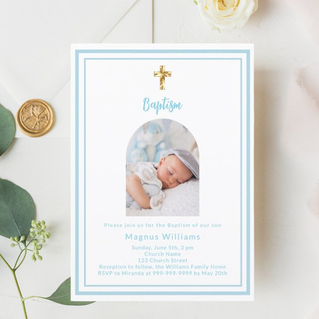 White light blue photo arch gold cross boy Baptism Invitation (Creator Uploaded)