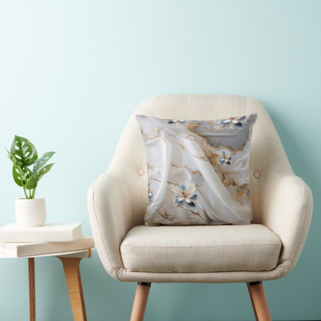 White & light-blue Silky Flowers on a Silk look  Cushion (Chair)