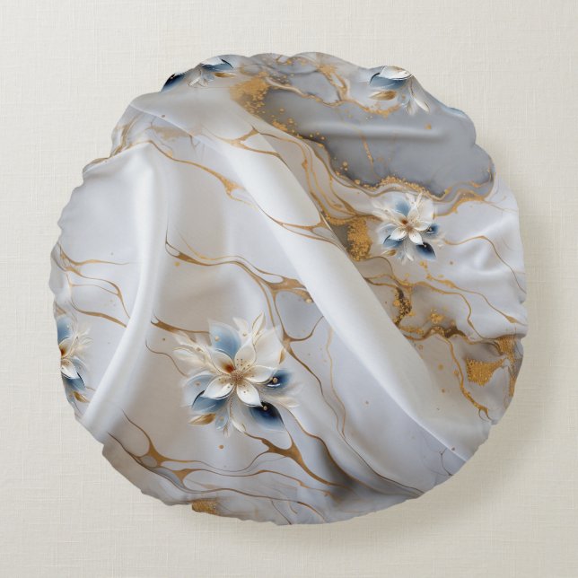 White & light-blue Silky Flowers on a Silk look  Round Cushion (Front)