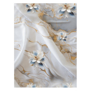 White & light-blue Silky Flowers on a Silk look  Tablecloth