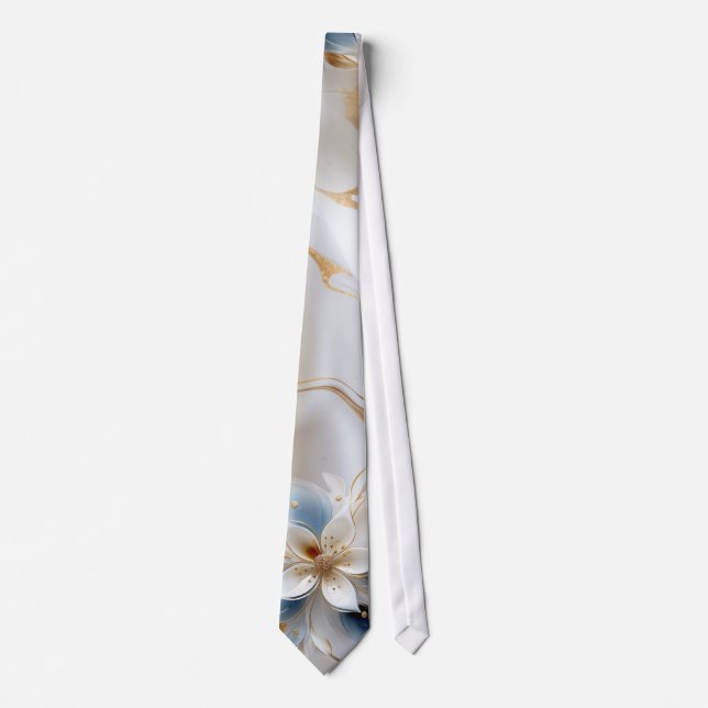 White & light-blue Silky Flowers on a Silk look  Tie (Front)