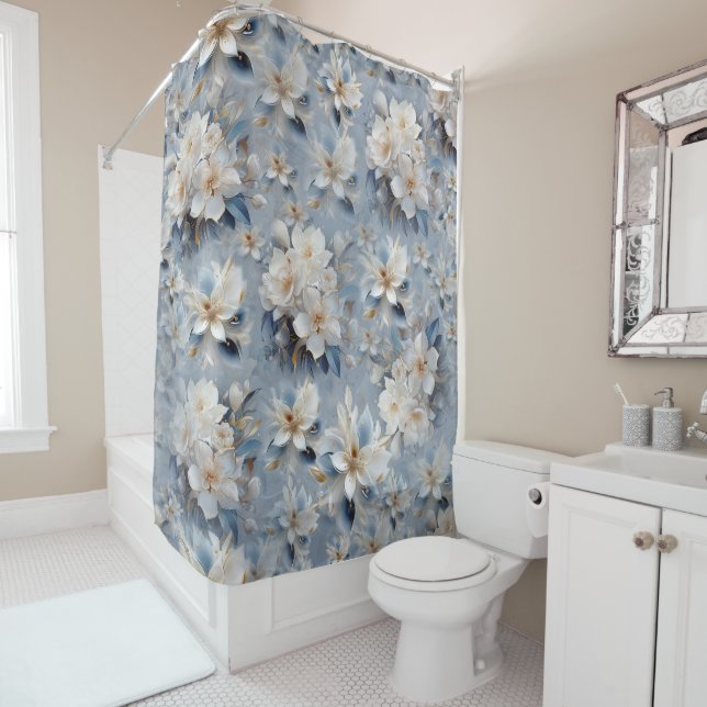 White & light-blue Silky flowers repeats Shower Curtain (In Situ)