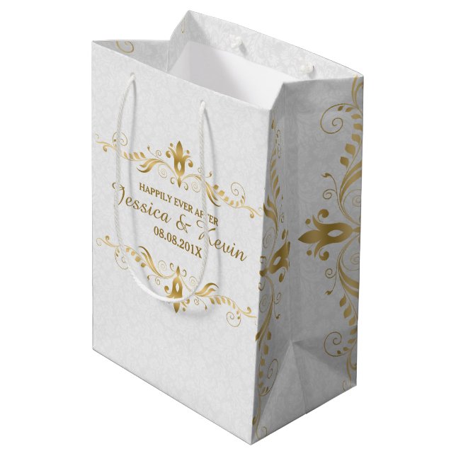 White & Light Gold Floral Lace Wedding Design Medium Gift Bag (Back Angled)