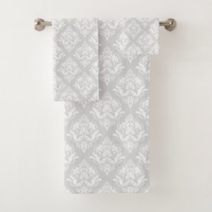 White & Light Gray Floral Damasks Pattern Bath Towel Set
