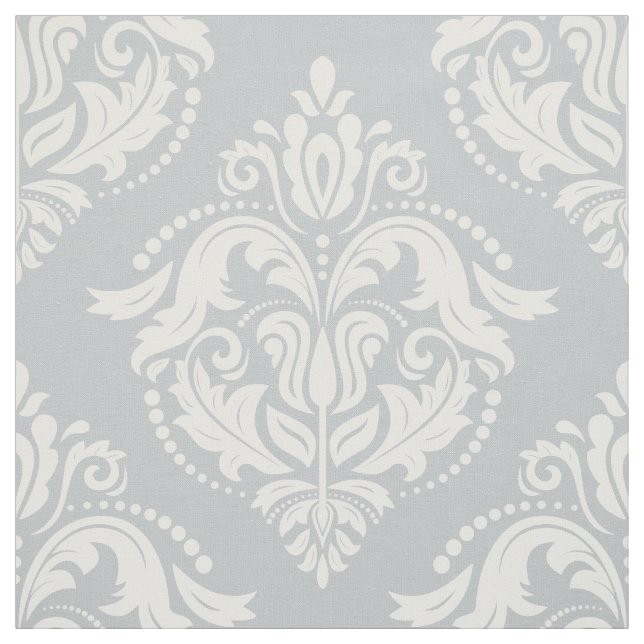 White & Light Grey Floral Damask Geometric Pattern Fabric (Swatch)