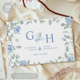 White Light Soft Paste Blue Flowers Floral Wedding Guest Book