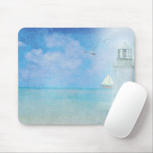 White Lighthouse and Sailboat Mouse Mat