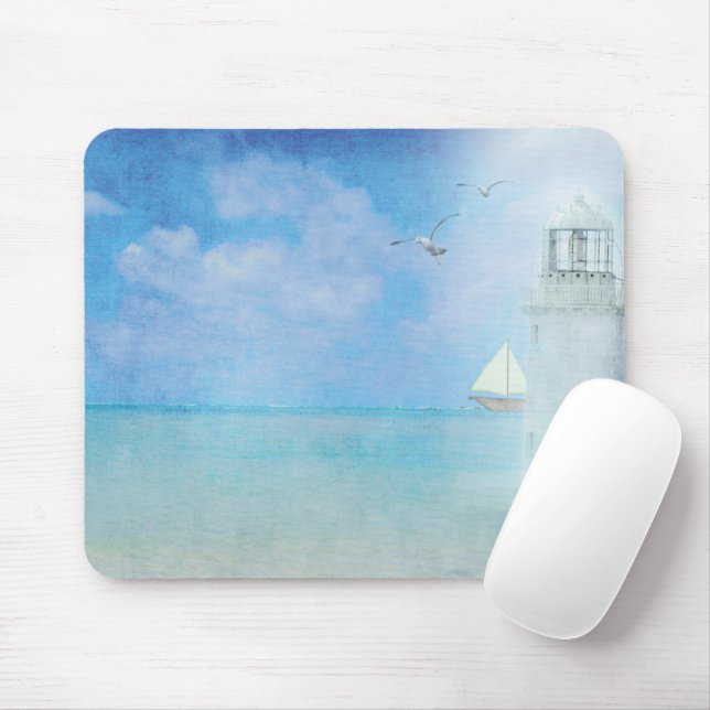 White Lighthouse and Sailboat Mouse Mat (With Mouse)