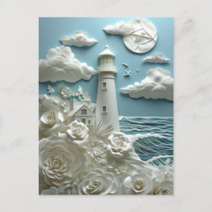 white lighthouse at sea postcard