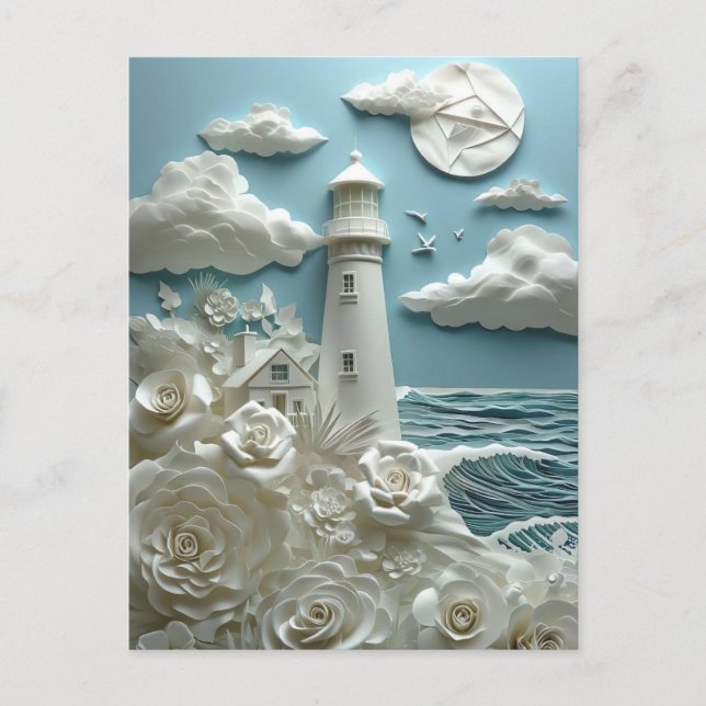 white lighthouse at sea postcard (Front)