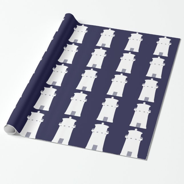 White Lighthouse in Navy Blue background. Wrapping Paper (Unrolled)