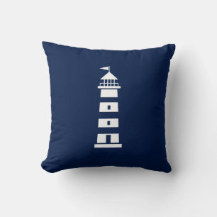White Lighthouse on Navy Blue Nautical Pillow