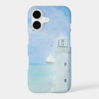 white lighthouse with sailboat