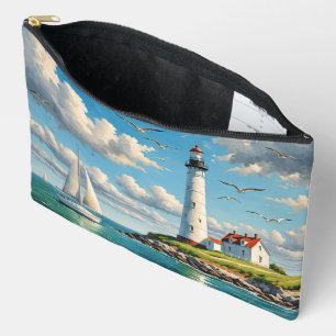 White Lighthouse With Sailboat Accessory Pouch