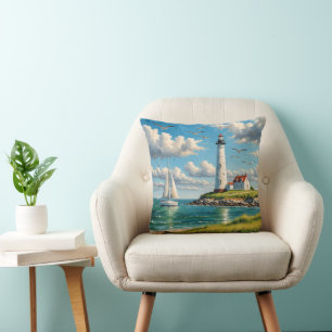 White Lighthouse With Sailboat Cushion