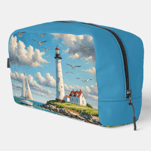 White Lighthouse With Sailboat Dopp Kit