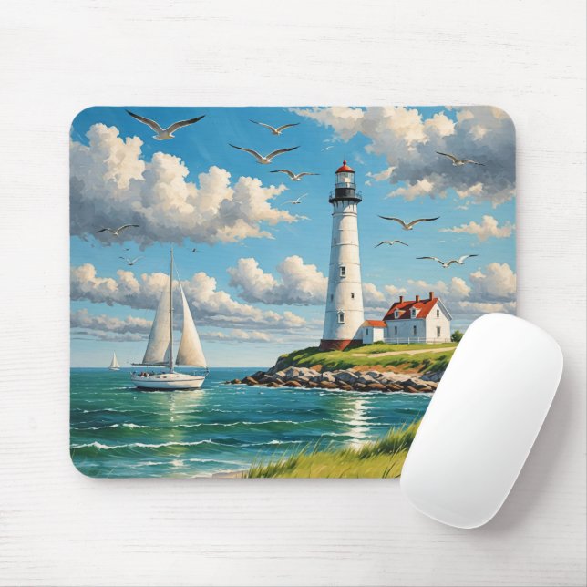White Lighthouse With Sailboat Mouse Mat (With Mouse)