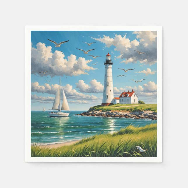 White Lighthouse With Sailboat Napkin (Front)