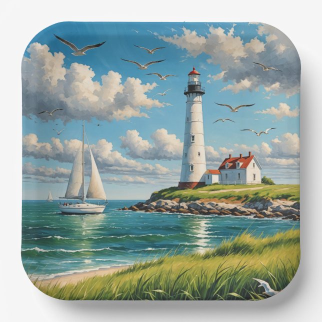 White Lighthouse With Sailboat Paper Plate (Front)