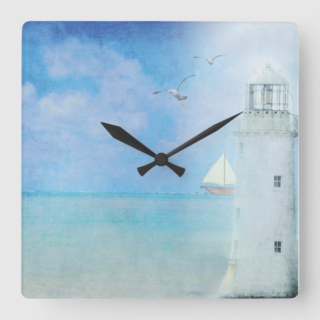 White Lighthouse With Sailboat Square Wall Clock (Front)